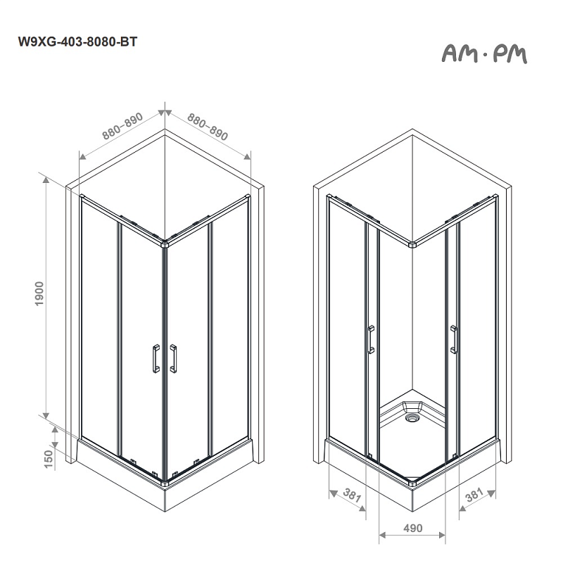 Душевое ограждение без поддона 90x90 AM.PM Above W9XG-403-9090-BT профиль черный