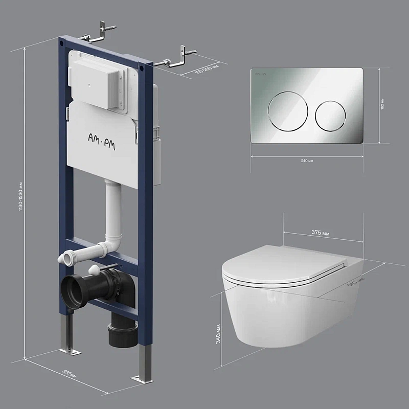 Унитаз подвесной безободковый с инсталляцией AM.PM Sense IS90151.741701 сиденьем микролифт, хром механ. клавишей