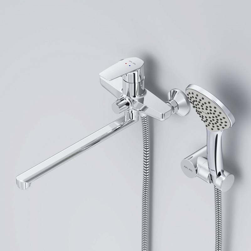 Смеситель для ванны и душа AM.PM Gem F90A95000 длинный излив, душевая лейка, шланг 1750, хром