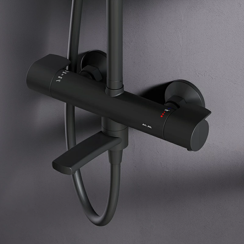 Душевая система AM.PM X-Joy F0785A522 стойка с тропическим душем, термостатом, смесителем, изливом, черная матовая