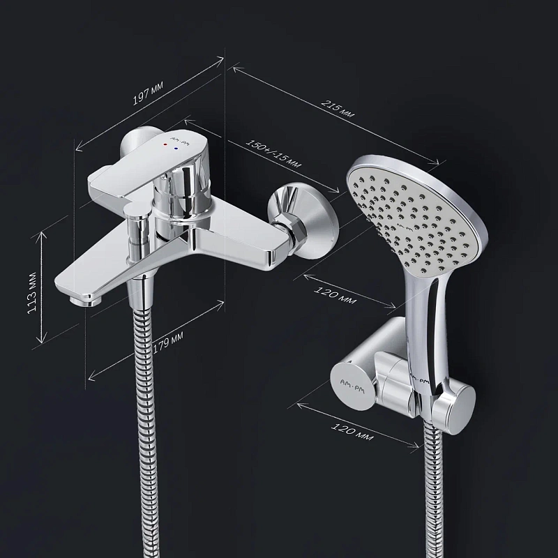 Смеситель для ванны и душа AM.PM Gem F90A15000 душевая лейка, шланг 1750, хром