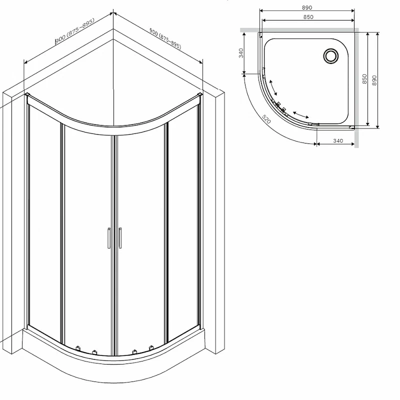 Душевое ограждение без поддона 90x90 AM.PM Gem W90G-401-090WT профиль серебристый