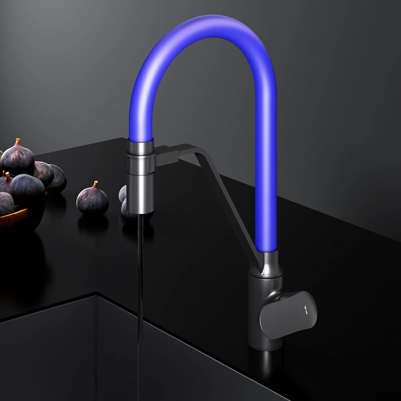 Смеситель для кухни AM.PM Like F8007827 высокий, черный, с синим гибким изливом и каналом питьевой воды