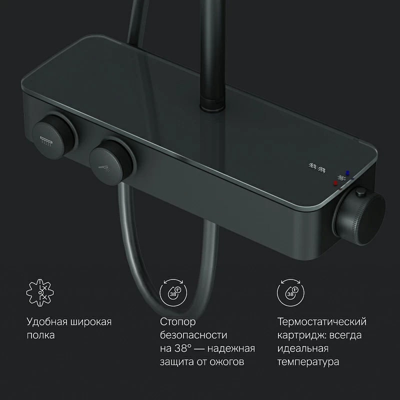 Душевая система AM.PM Inspire 2.0 F0750A422 стойка с тропическим душем, термостатом, смесителем, черная матовая