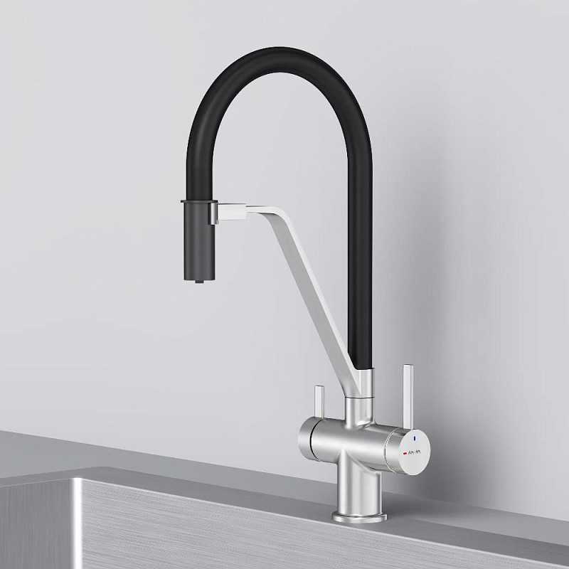 Смеситель для кухни AM.PM Func F8F07812 высокий, сатин с каналом для питьевой воды и гибким черным изливом