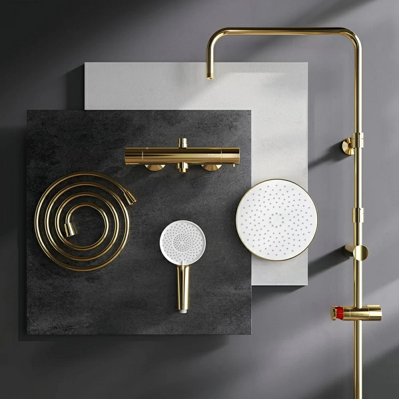 Душевая система AM.PM X-Joy F0785A499 стойка с тропическим душем, термостатом, смесителем, золото