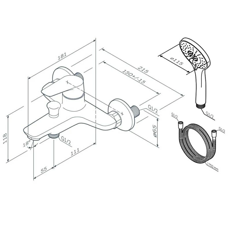 Смеситель для ванны и душа AM.PM Joy F85E15000 душевая лейка, шланг 1750, хром