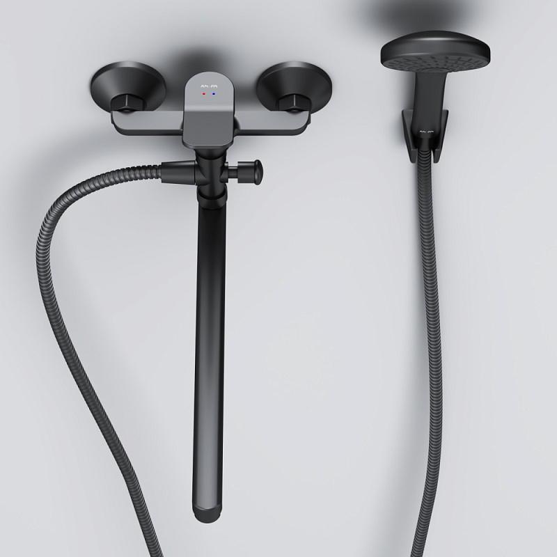 Смеситель для ванны и душа AM.PM Gem F90A90122 длинный излив, душевая лейка, шланг 1500, черный