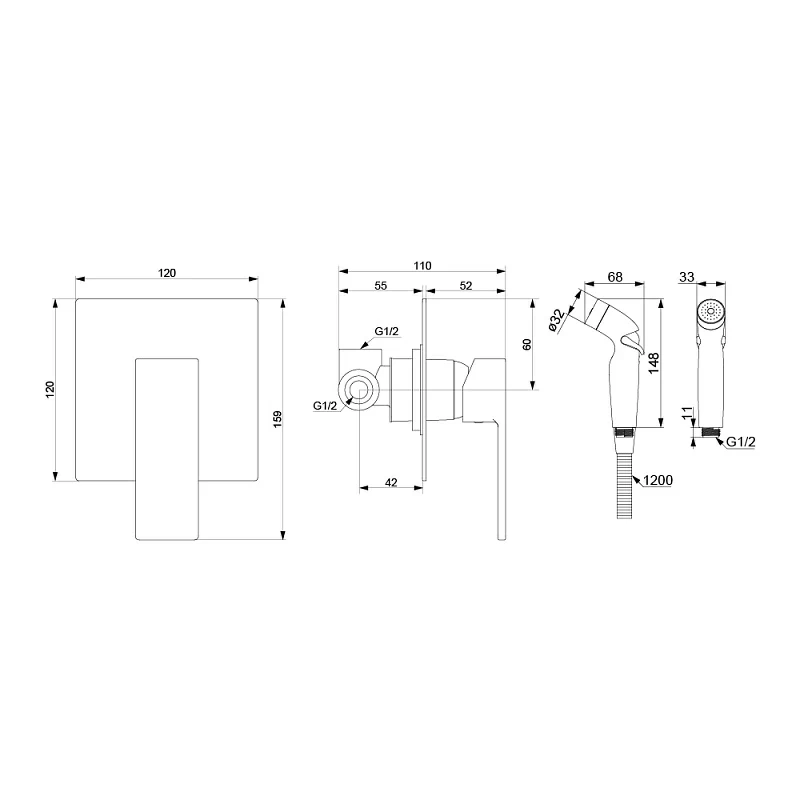 Гигиенический душ со смесителем Damixa Gala 537510300 черный встраиваемый, шланг 1200, держатель