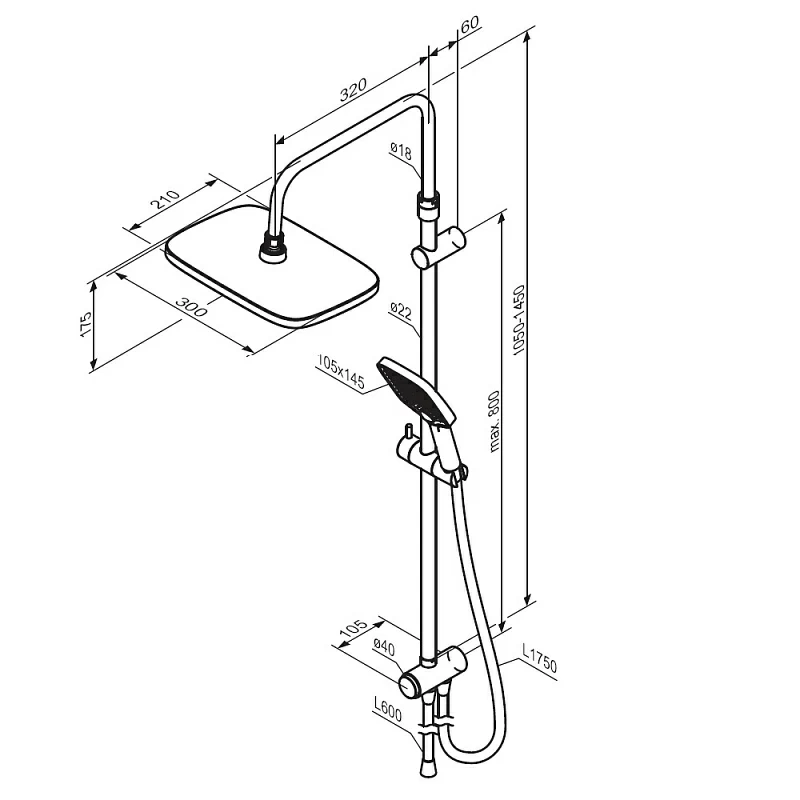 Душевая система Damixa Gala 953000300 стойка с тропическим душем, черная матовая