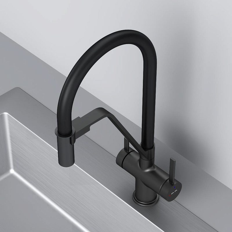 Смеситель для кухни AM.PM Func F8F07822 высокий, черный с каналом для питьевой воды и гибким черным изливом