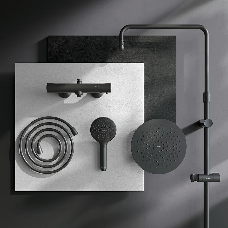 Душевая система AM.PM Like F0780422 стойка с тропическим душем, термостатом, смесителем, черная матовая