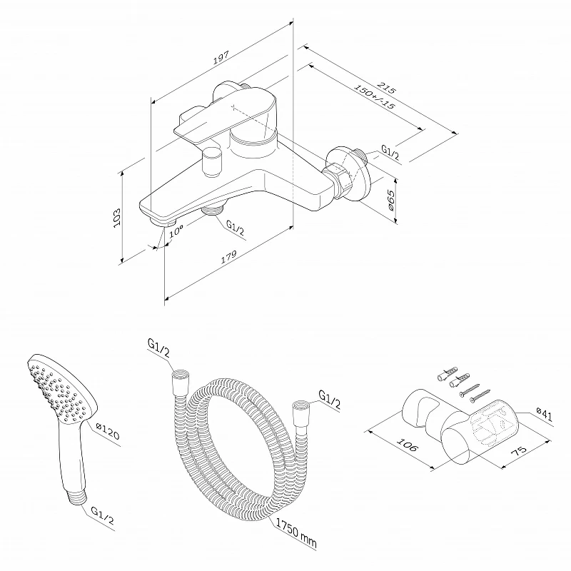 Смеситель для ванны и душа AM.PM Gem F90A15000 душевая лейка, шланг 1750, хром