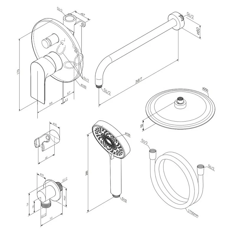 Встраиваемая душевая система Damixa Apollo 947520000 хром: тропический верхний душ, ручной душ