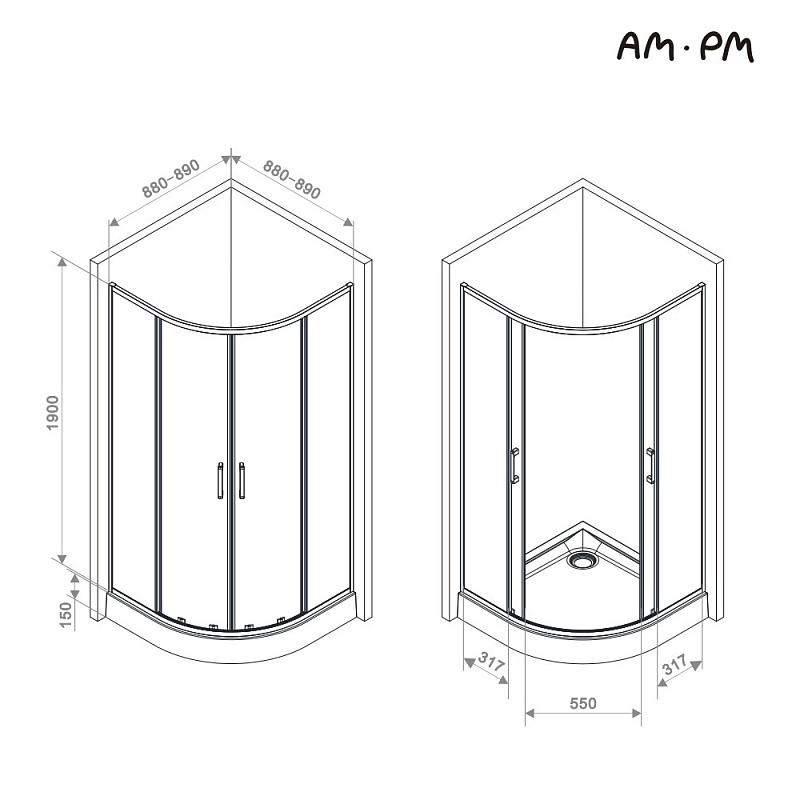 Душевое ограждение без поддона 90x90 AM.PM Above W9XG-401-9090-MT профиль серебристый