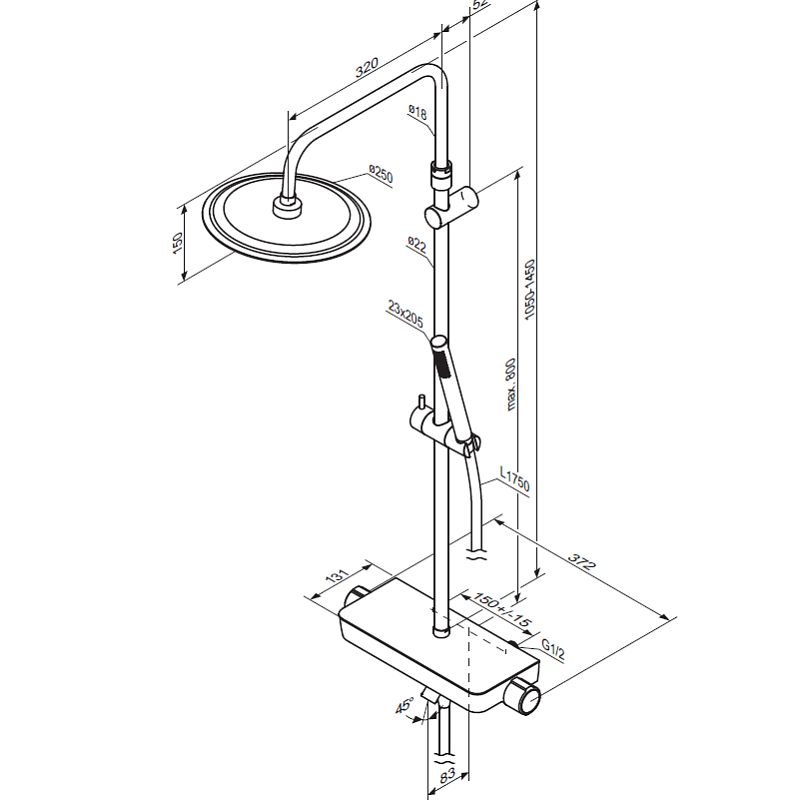 Душевая система Damixa Scandinavian Pure 936760000 стойка с тропическим душем, термостатом, смесителем, изливом, хром
