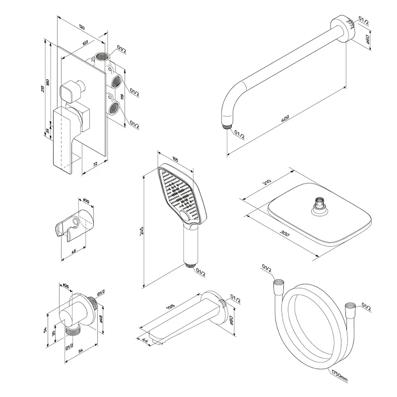 Встраиваемая душевая система Damixa Gala 953510300 черная: тропический верхний душ, ручной душ, излив