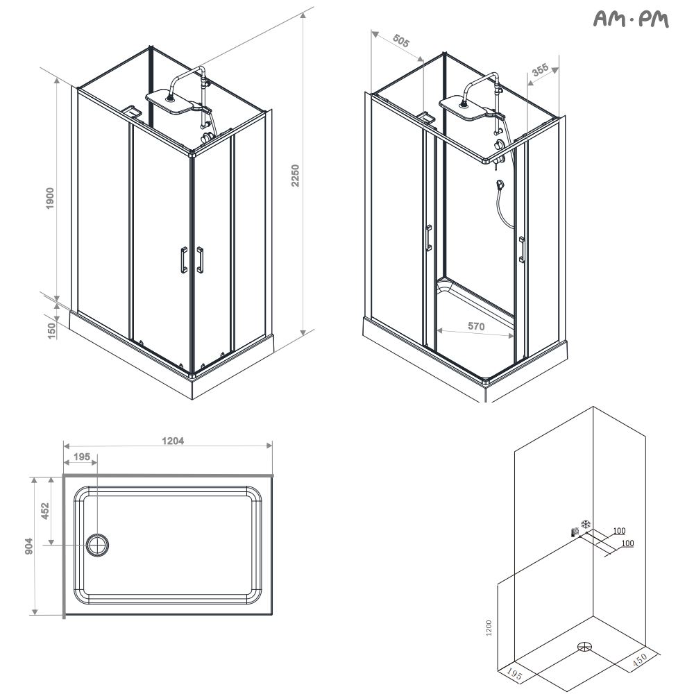 Душевая кабина 120x90 см, прямоугольная, без гидромассажа Above W9XC-403-12090BT, Черный, белый, прозрачное