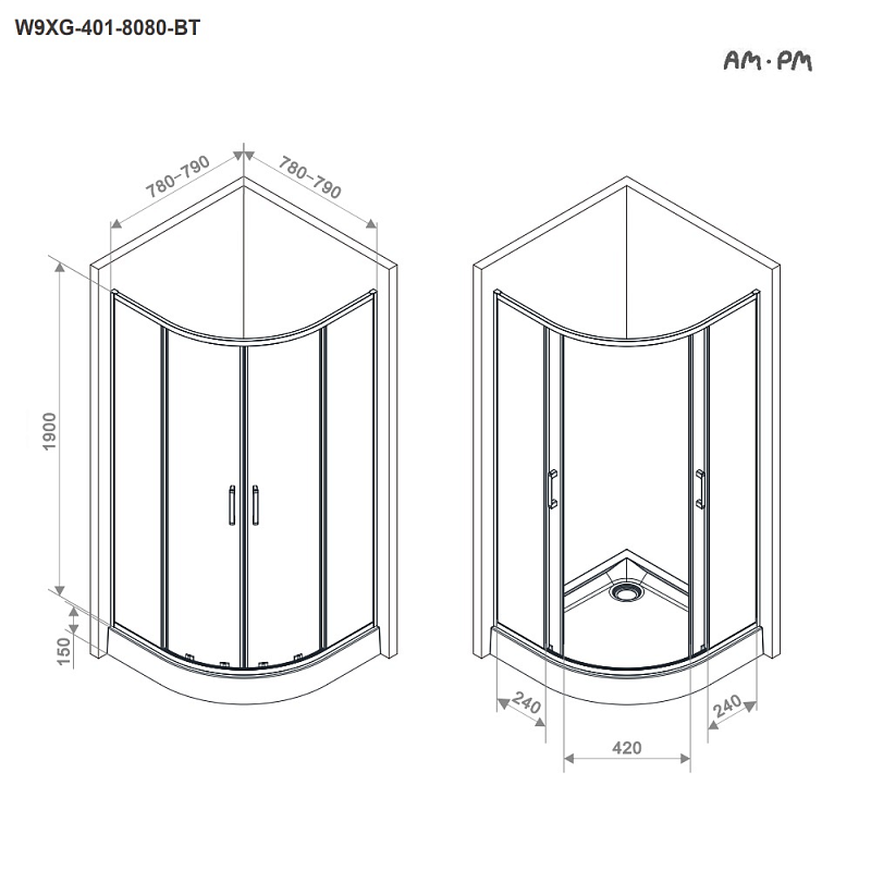 Душевое ограждение без поддона 80x80 AM.PM Above W9XG-401-8080-BT профиль черный