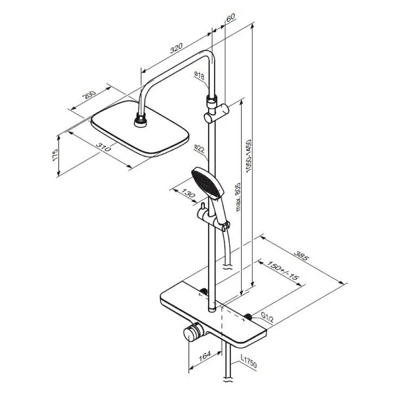 Душевая система Damixa Merkur 940730300 стойка с тропическим душем, смесителем, черная матовая