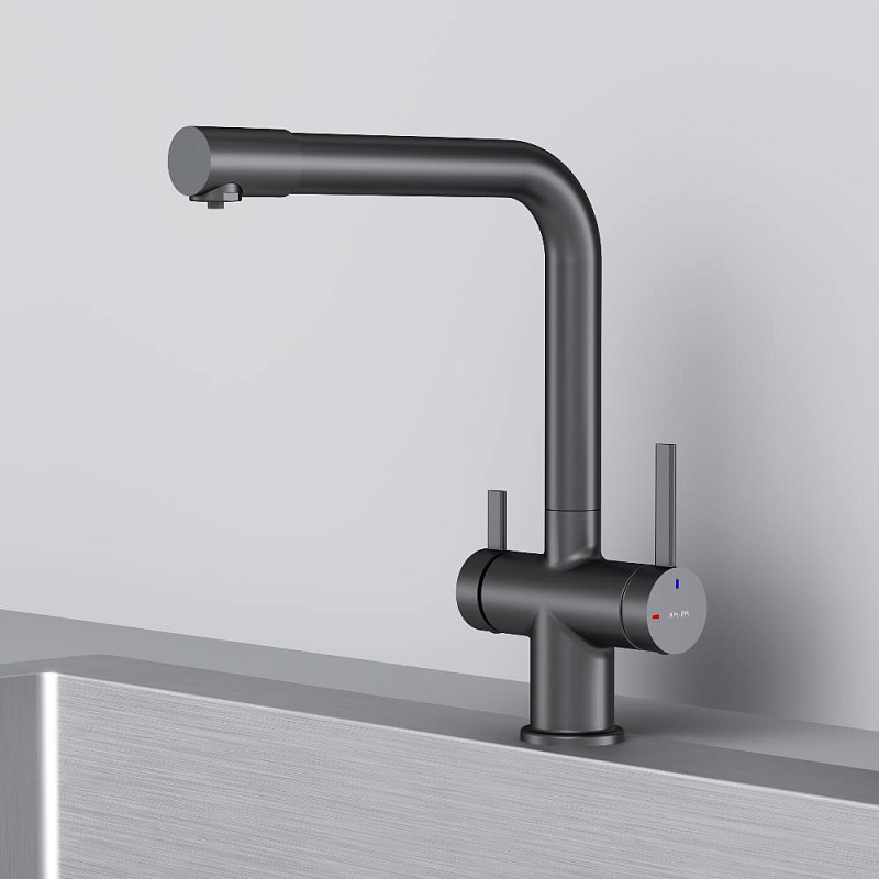 Смеситель для кухни AM.PM Func F8F05722 высокий с L-изливом с каналом для питьевой воды, черный