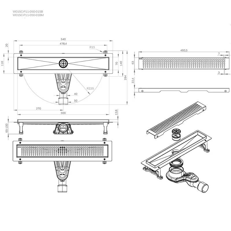Душевой трап (лоток) 50 AM.PM MasterFlow W01SC-P11-050-01BM комбинированный затвор с черной матовой решеткой