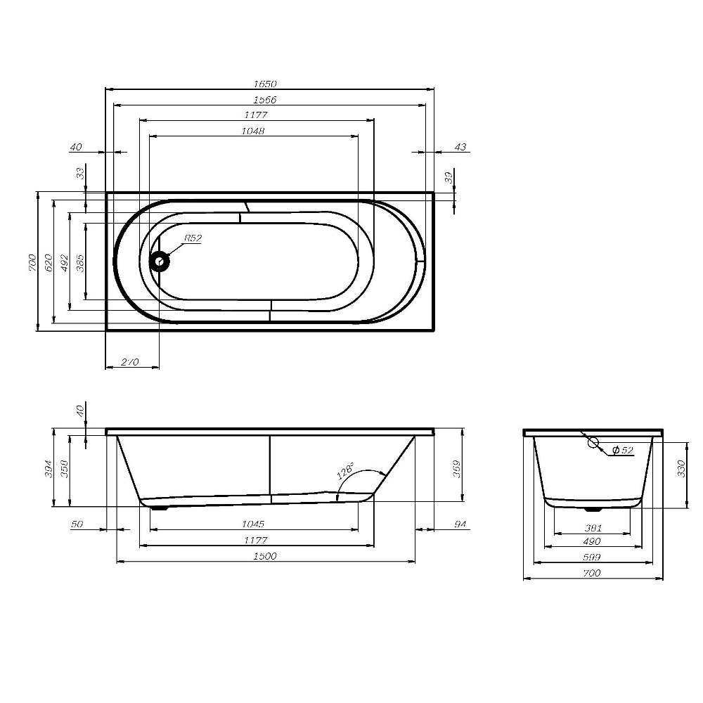 Ванна акриловая, 165х70 см X-Joy W94A-165-070W-A, Белый