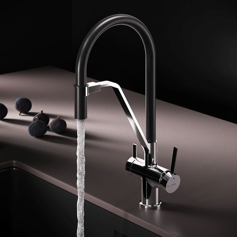 Смеситель для кухни AM.PM Func F8F07802 высокий, хром, с каналом для питьевой воды и гибким черным изливом