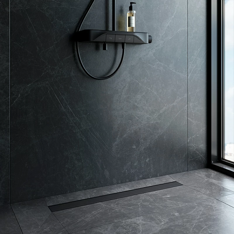 Душевой трап (лоток) 80 AM.PM PrimeFlow W02SC-U11-080-04BM комбинированный затвор с черной матовой решеткой под плитку