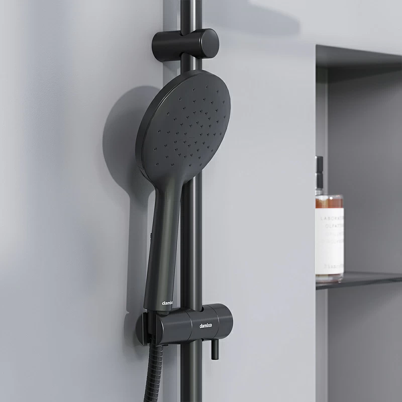 Душевая система Damixa Jupiter 977770300 стойка с тропическим душем, гигиеническим душем, смесителем, изливом, черная