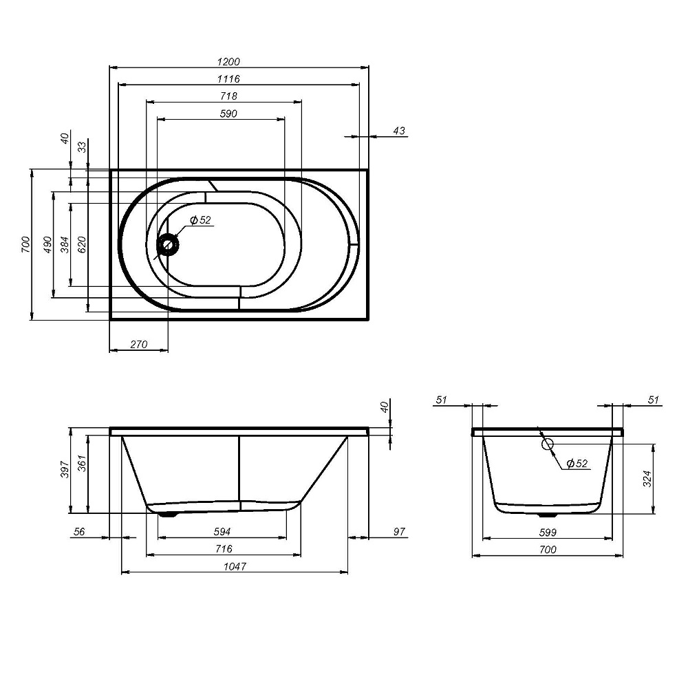 Ванна акриловая, 120х70 см X-Joy W94A-120-070W-A, Белый