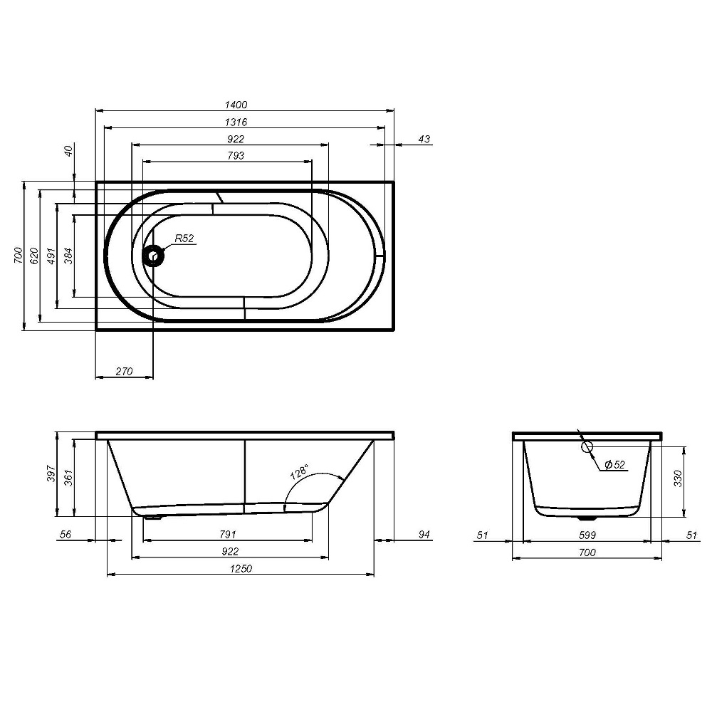 Ванна акриловая, 140х70 см X-Joy W94A-140-070W-A, Белый