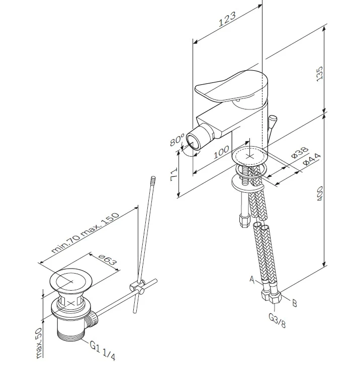 Смеситель для биде AM.PM X-Joy F85A83100 с донным клапаном, хром
