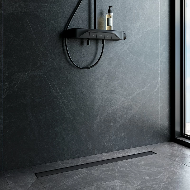 Душевой трап (лоток) 90 AM.PM MasterFlow W01SC-U11-090-04BM комбинированный затвор с черной матовой решеткой под плитку