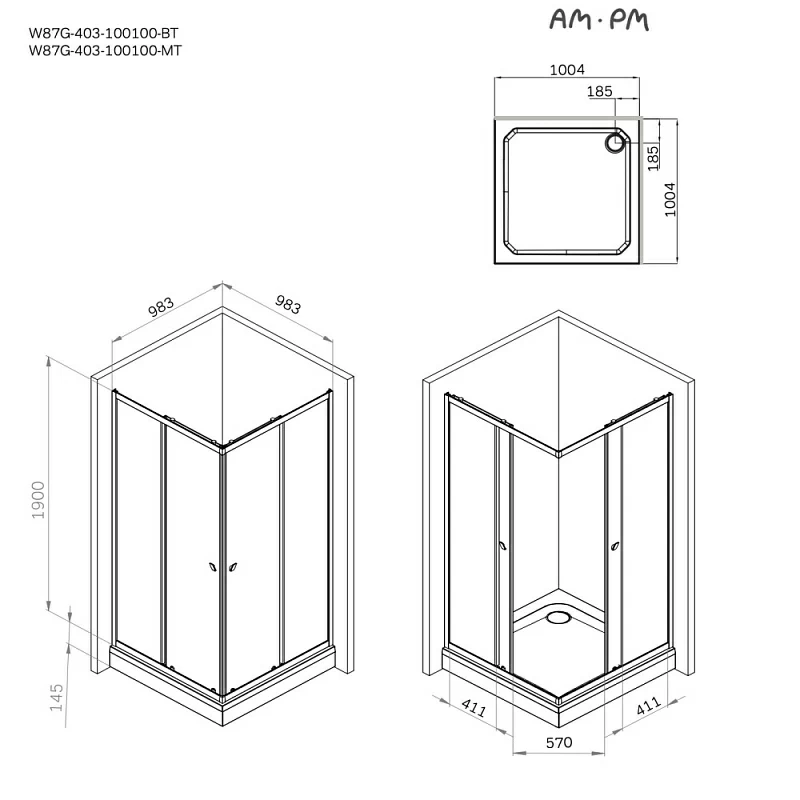 Душевое ограждение без поддона 100x100 AM.PM Sunny W87G-403-100100-BT профиль черный матовый