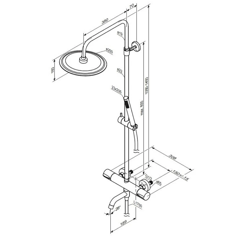 Душевая система Damixa Scandinavian Pure 936810300 стойка с тропическим душем, термостатом, смесителем, изливом, черная матовая