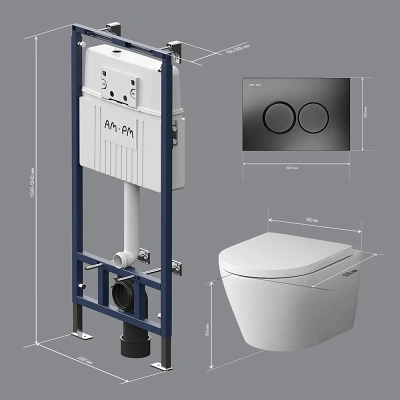 Унитаз подвесной безободковый с инсталляцией AM.PM Sense IS100138.741701 сиденьем микролифт, черной механ. клавишей