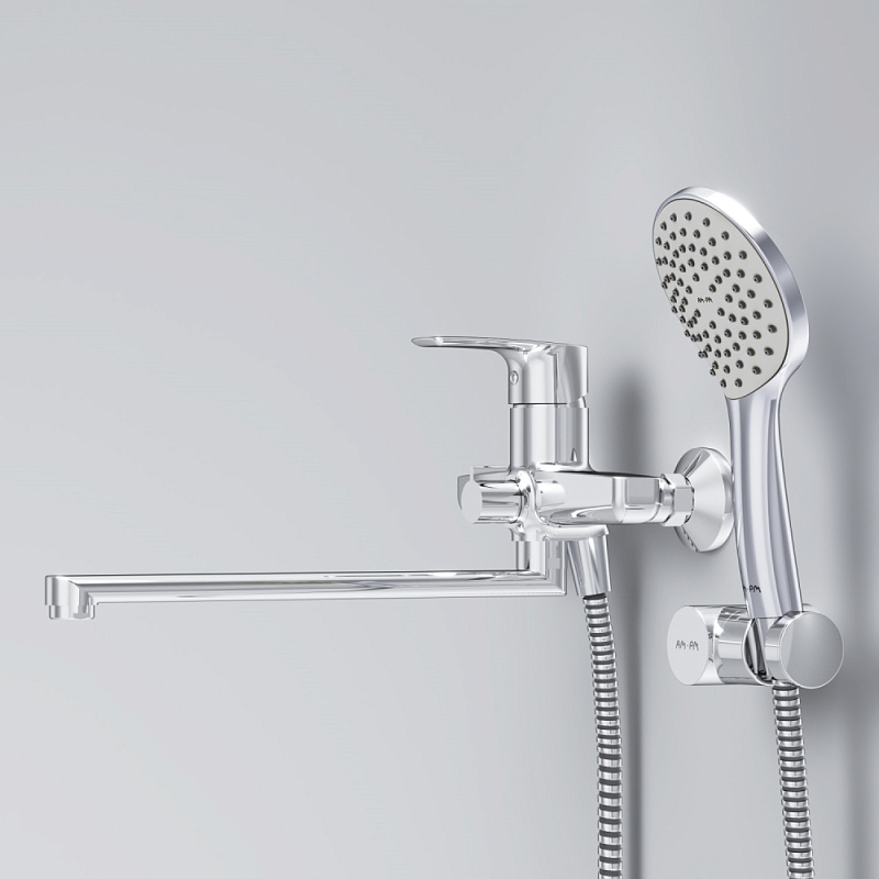 Смеситель для ванны и душа AM.PM Gem F90A95000 длинный излив, душевая лейка, шланг 1750, хром
