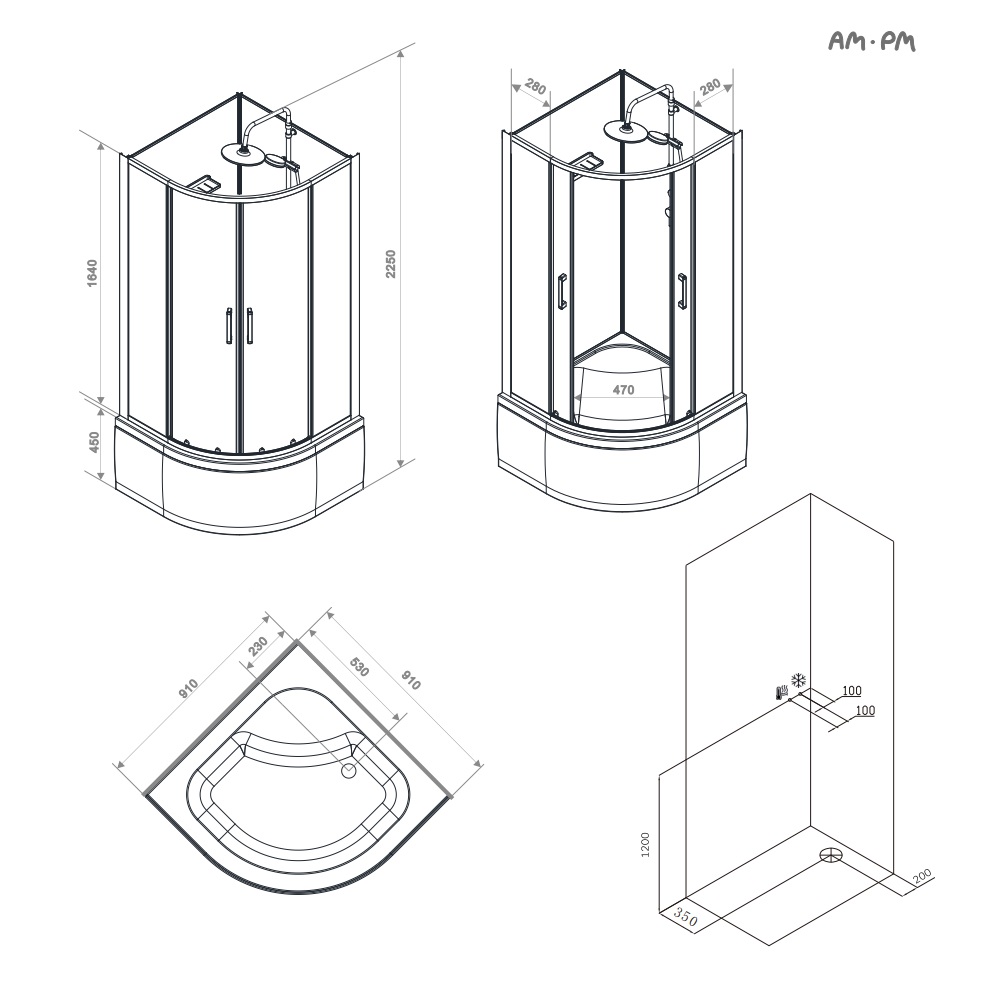Душевая кабина 90x90 см, без гидромассажа Above W9XC-401A-9090BT, Черный, белый, прозрачное