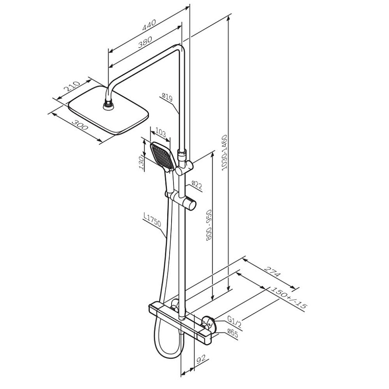 Душевая система AM.PM Func F078F422 стойка с тропическим душем, термостатом, смесителем, черная