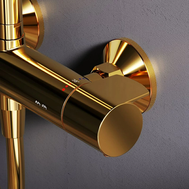 Душевая система AM.PM X-Joy F0785A499 стойка с тропическим душем, термостатом, смесителем, золото