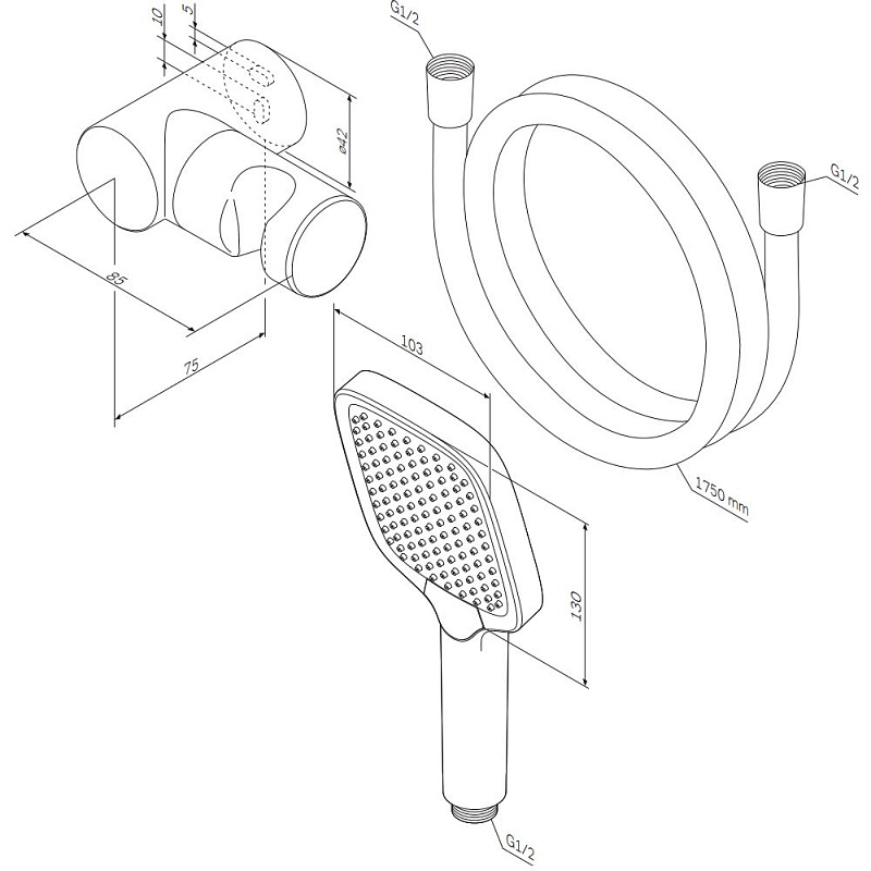 Душевой гарнитур AM.PM Func F0118F022 держатель, шланг, лейка 3 режима, черный
