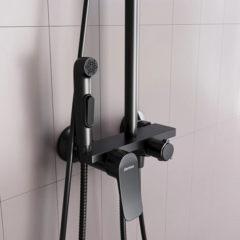 Душевая система Damixa Apollo DX220910300 стойка с тропическим душем, смесителем, черная матовая