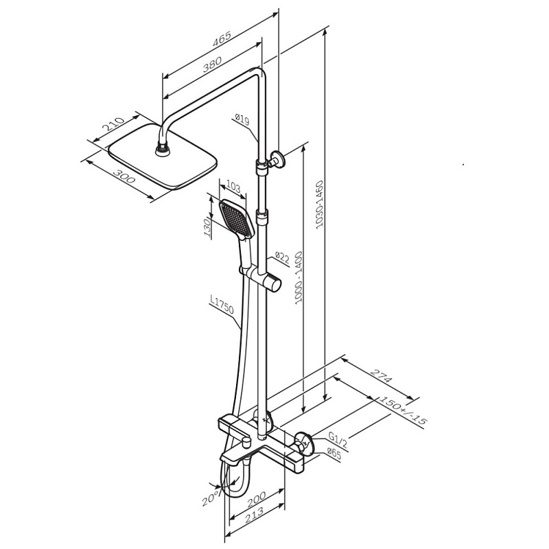 Душевая система AM.PM Func F078F522 стойка с тропическим душем, термостатом, смесителем, изливом, черная