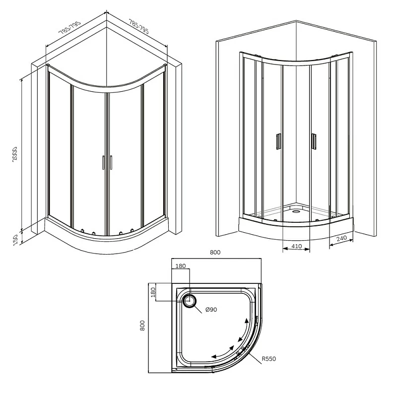 Душевое ограждение без поддона 80x80 AM.PM Gem W90G-401-080BT профиль черный матовый