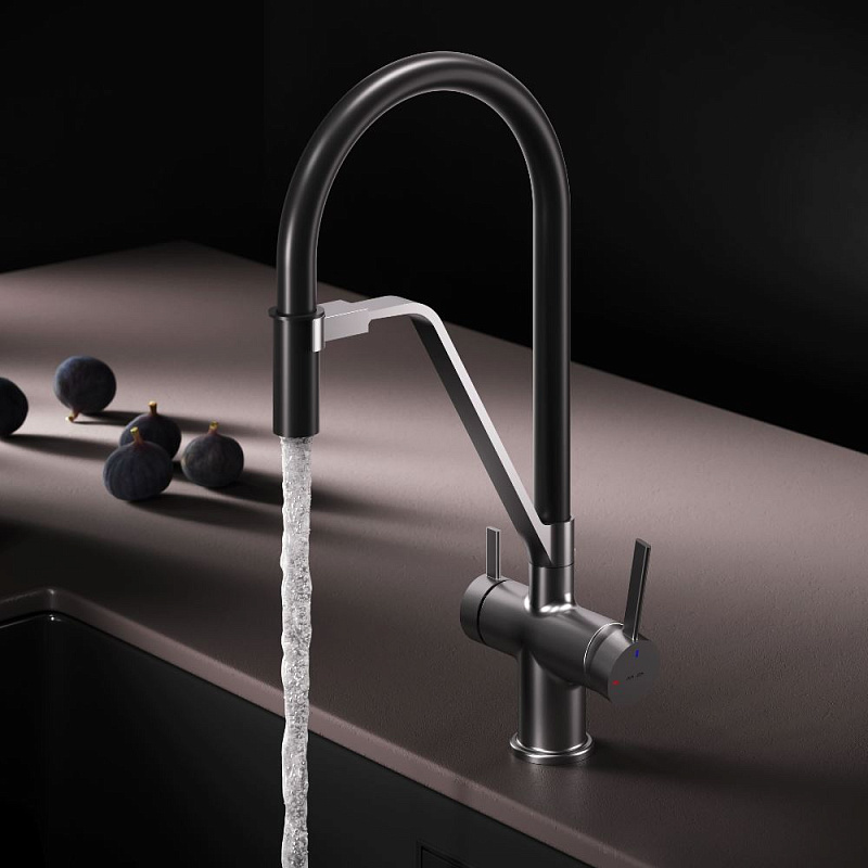 Смеситель для кухни AM.PM Func F8F07812 высокий, сатин с каналом для питьевой воды и гибким черным изливом