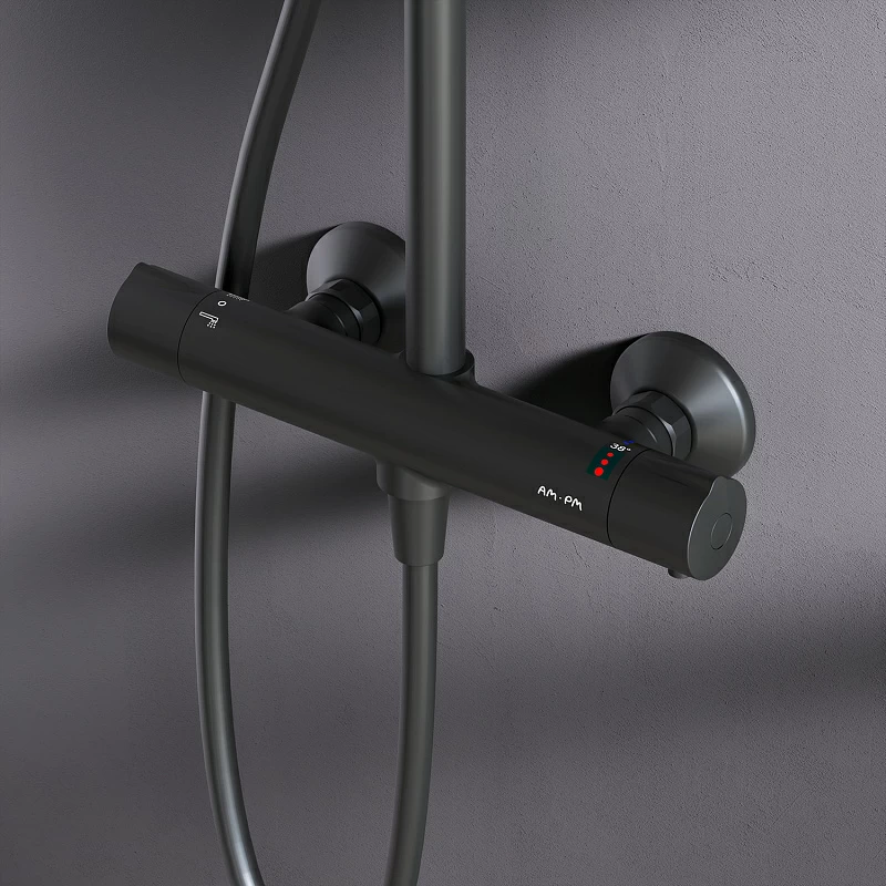 Душевая система AM.PM Like F0780422 стойка с тропическим душем, термостатом, смесителем, черная матовая