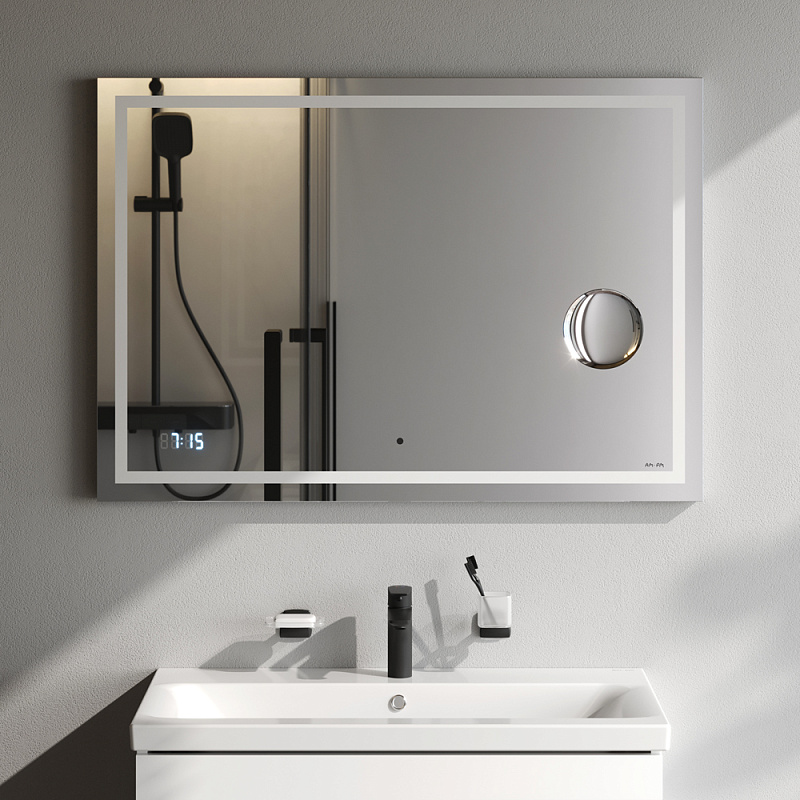 Зеркало с подсветкой в ванную прямоугольное 100 AM.PM Gem M91AMOX1003WG сенсорное с часами и косметическим зеркалом