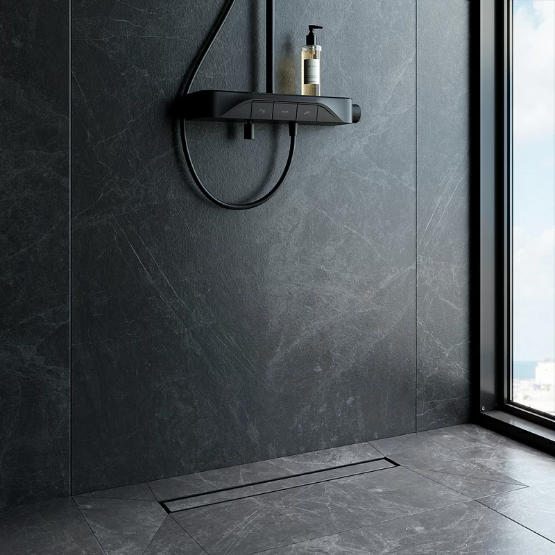 Душевой трап (лоток) 60 AM.PM MasterFlow W01SC-U11-060-04BM комбинированный затвор с черной матовой решеткой под плитку