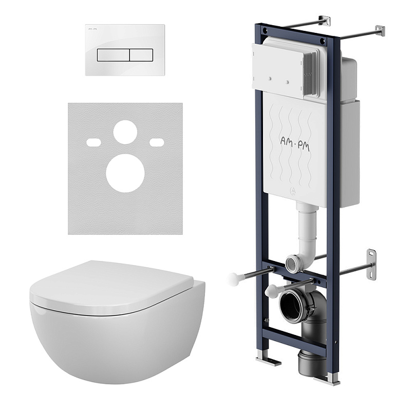 Унитаз подвесной безободковый с инсталляцией AM.PM Above IS110301.9X1900 сиденьем микролифт, белой механ. клавишей